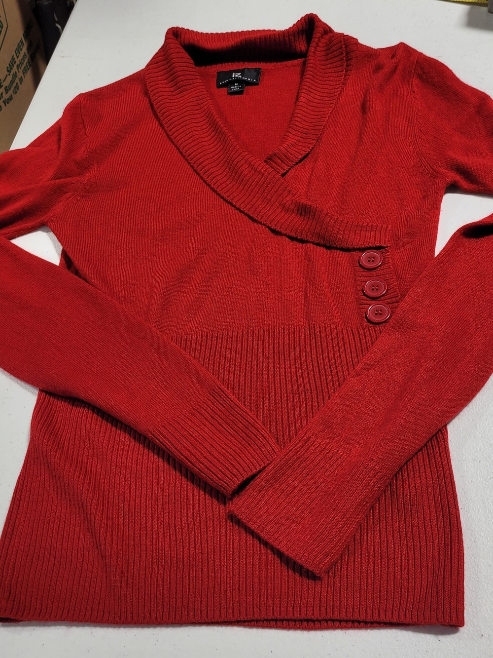 Iz Byer Red V-Neck Button Accent Sweater